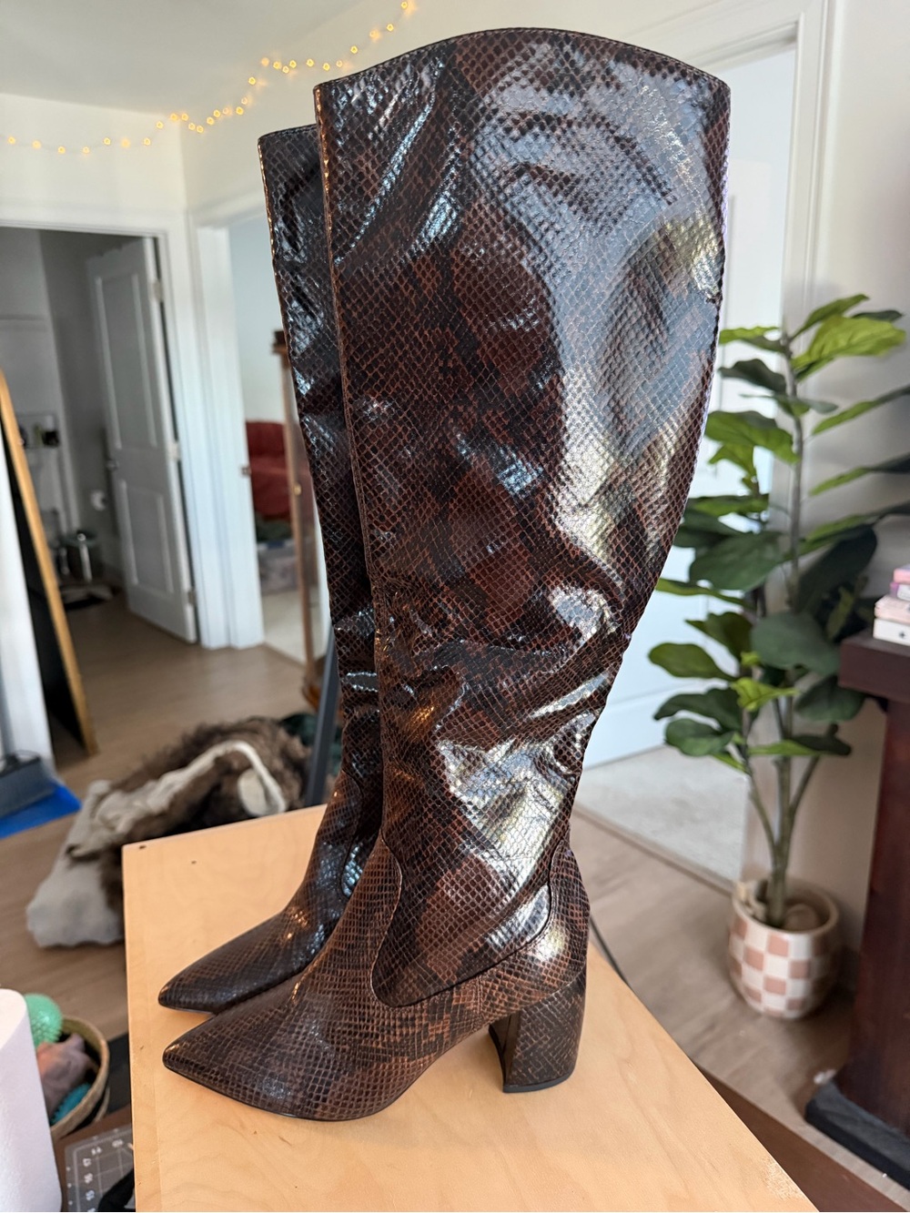 Marc Fisher Brown Snake-Print Over-the-Knee Block Heel Boots